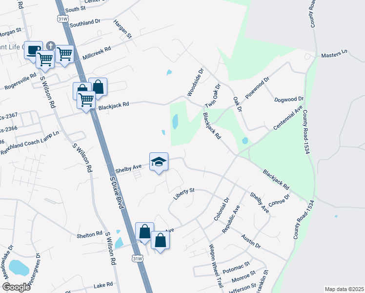 map of restaurants, bars, coffee shops, grocery stores, and more near 2500 Hilltop Court in Radcliff