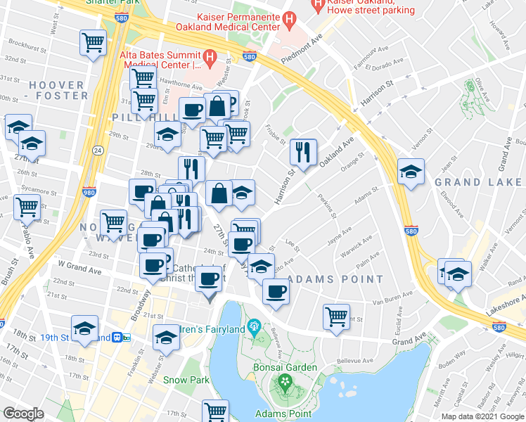 map of restaurants, bars, coffee shops, grocery stores, and more near 55 Hamilton Place in Oakland