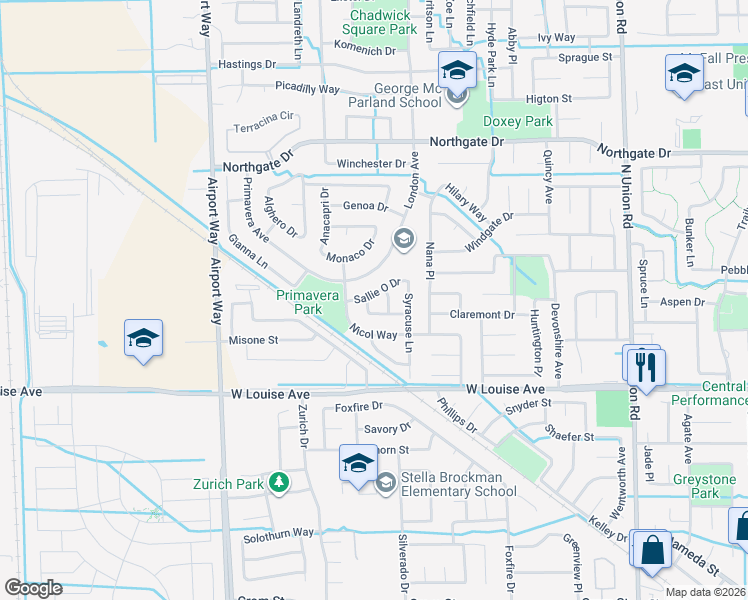 map of restaurants, bars, coffee shops, grocery stores, and more near 1256 Sicily Way in Manteca