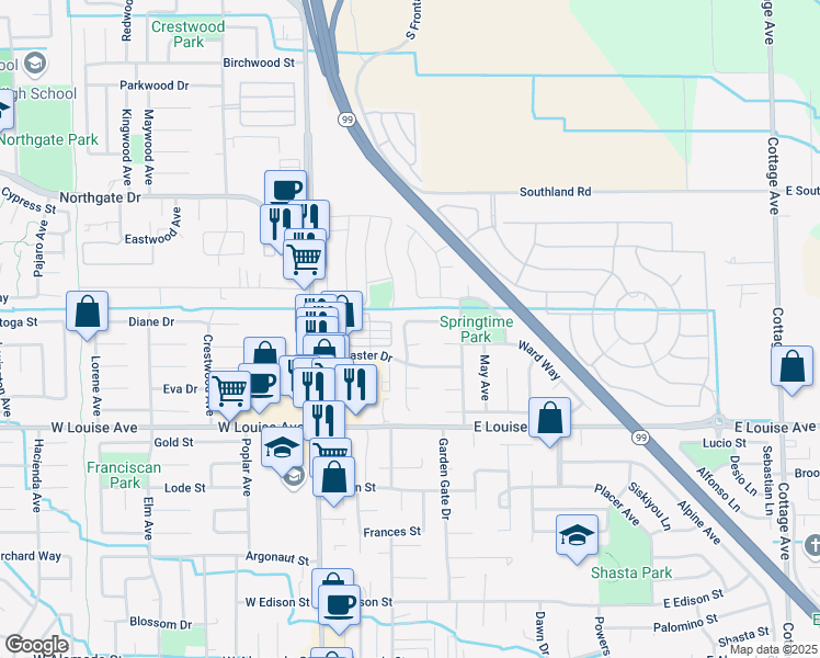 map of restaurants, bars, coffee shops, grocery stores, and more near 316 March Drive in Manteca