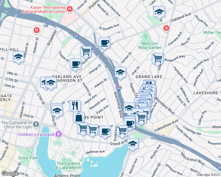 map of restaurants, bars, coffee shops, grocery stores, and more near 273 MacArthur Boulevard in Oakland