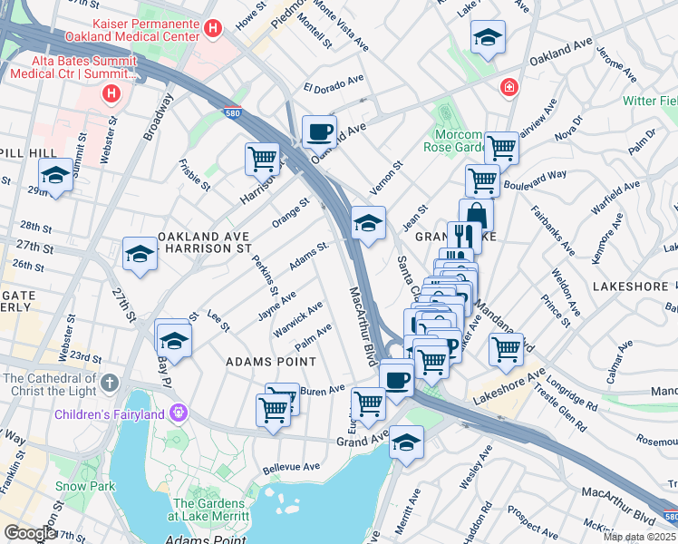 map of restaurants, bars, coffee shops, grocery stores, and more near 273 MacArthur Boulevard in Oakland