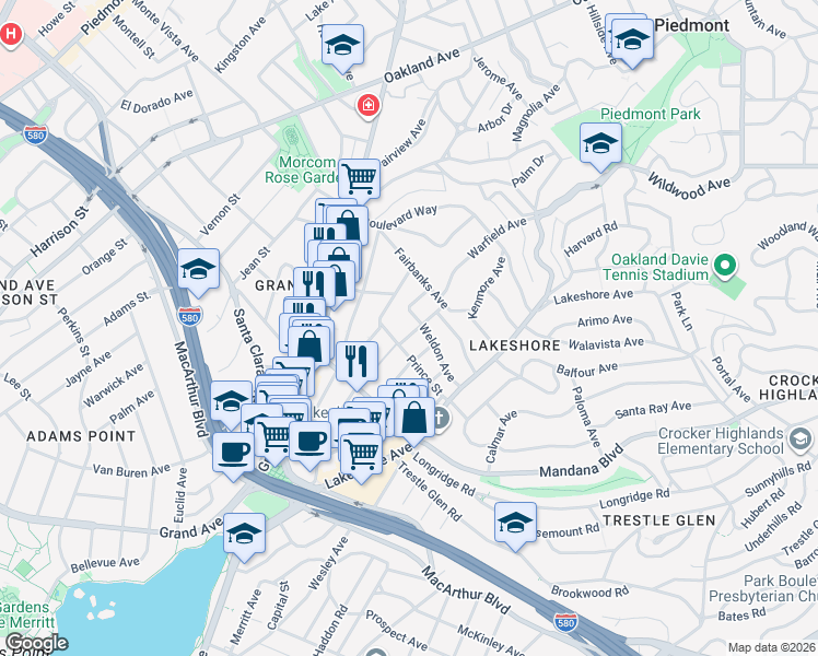 map of restaurants, bars, coffee shops, grocery stores, and more near 927 Warfield Avenue in Oakland