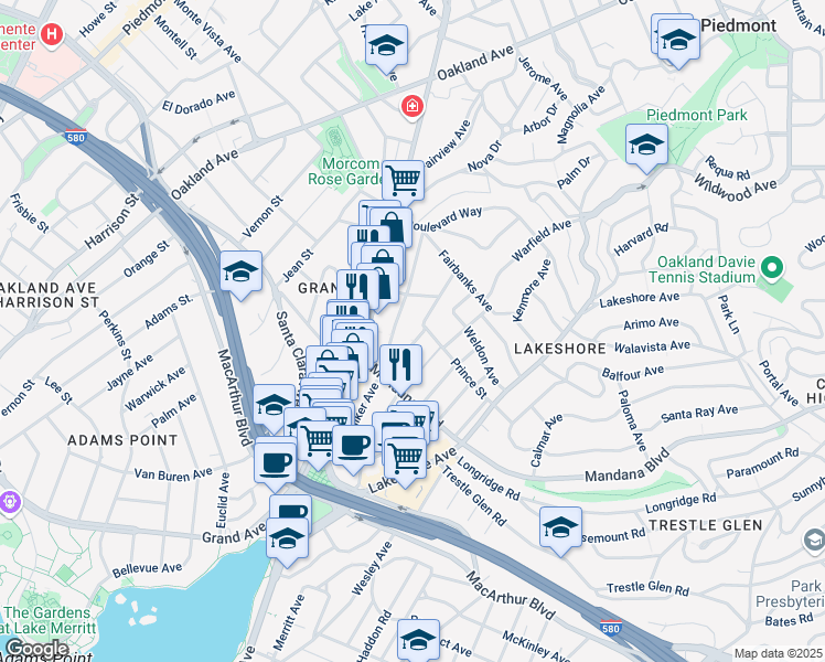 map of restaurants, bars, coffee shops, grocery stores, and more near 859 Vermont Street in Oakland