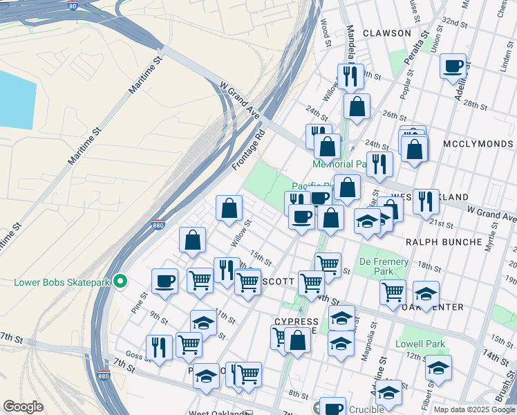 map of restaurants, bars, coffee shops, grocery stores, and more near 1753 Railway Circle in Oakland