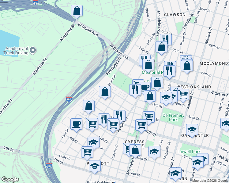 map of restaurants, bars, coffee shops, grocery stores, and more near 1753 Railway Circle in Oakland