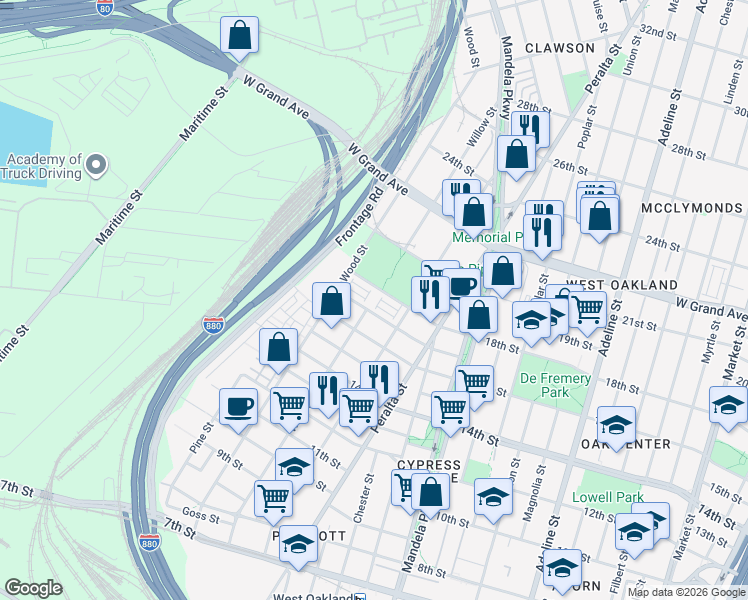 map of restaurants, bars, coffee shops, grocery stores, and more near 1753 Railway Circle in Oakland