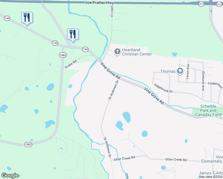 map of restaurants, bars, coffee shops, grocery stores, and more near 508 Saint Andrews Drive in Vine Grove