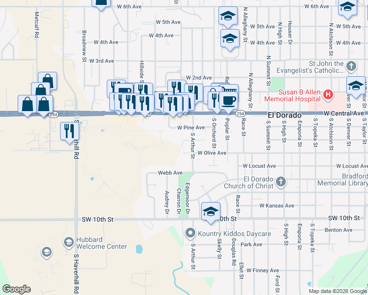 map of restaurants, bars, coffee shops, grocery stores, and more near 1625 West Ash Avenue in El Dorado