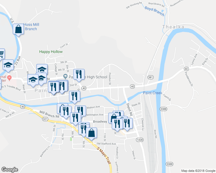 map of restaurants, bars, coffee shops, grocery stores, and more near 313 Euclid Avenue in Paintsville