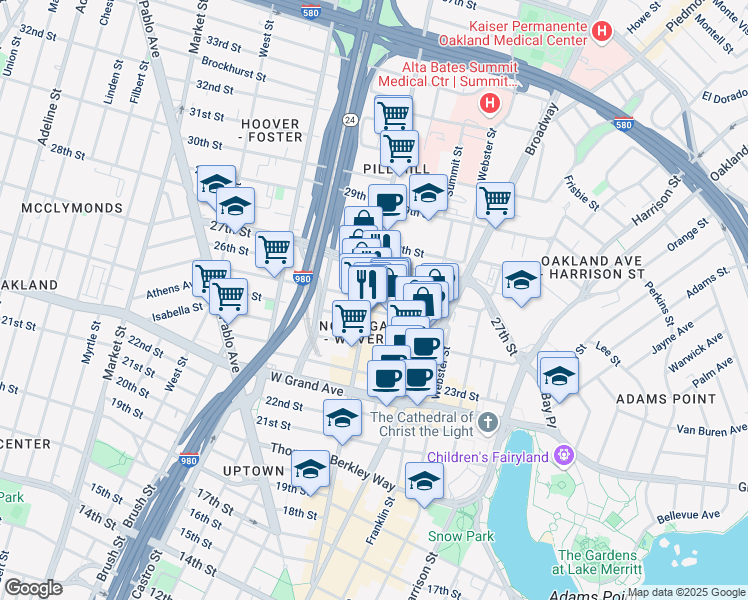map of restaurants, bars, coffee shops, grocery stores, and more near 2526 Telegraph Avenue in Oakland