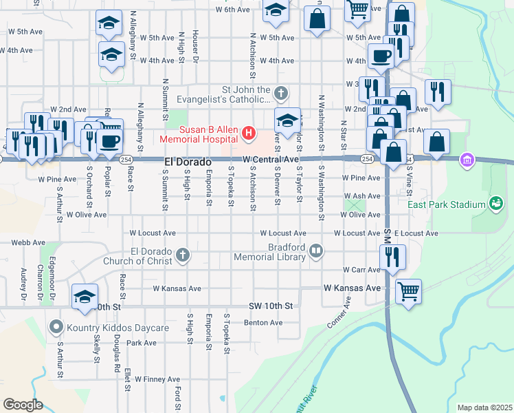 map of restaurants, bars, coffee shops, grocery stores, and more near 312 South Atchison Street in El Dorado