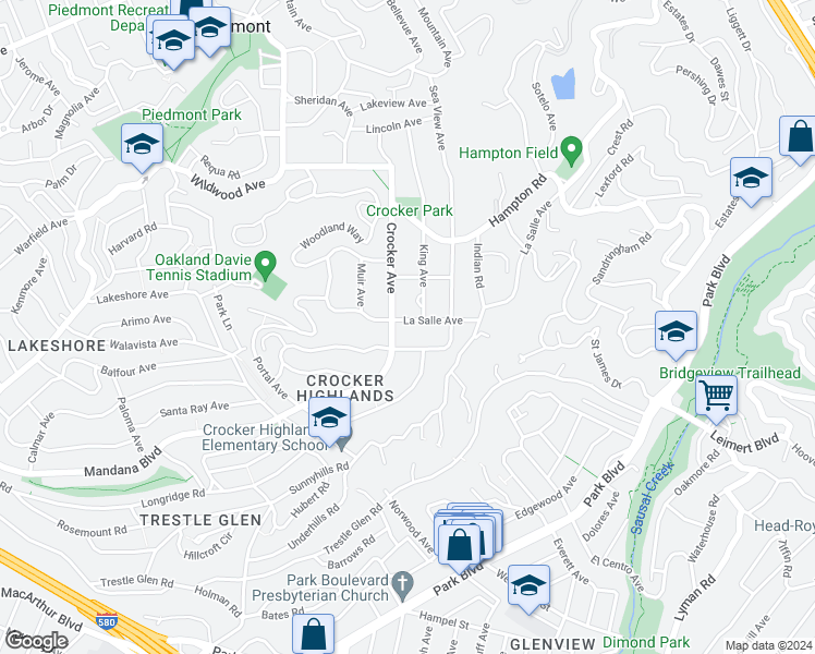 map of restaurants, bars, coffee shops, grocery stores, and more near 150 La Salle Avenue in Piedmont