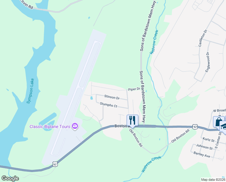 map of restaurants, bars, coffee shops, grocery stores, and more near 301-399 Piper Drive in Bardstown