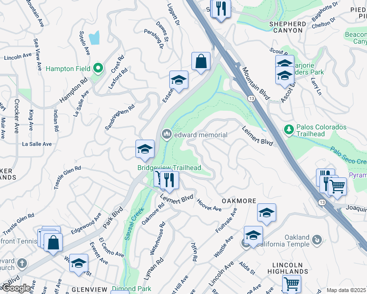 map of restaurants, bars, coffee shops, grocery stores, and more near 2150 Leimert Boulevard in Oakland