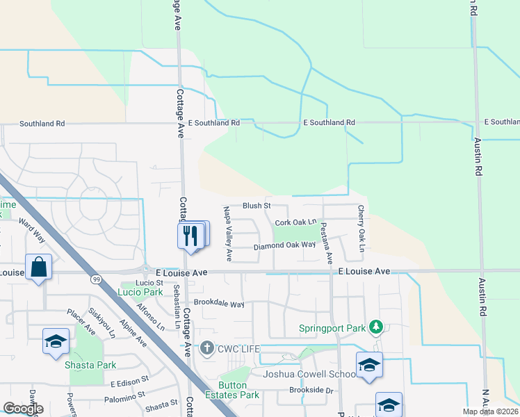 map of restaurants, bars, coffee shops, grocery stores, and more near 1247 Empire Avenue in Manteca