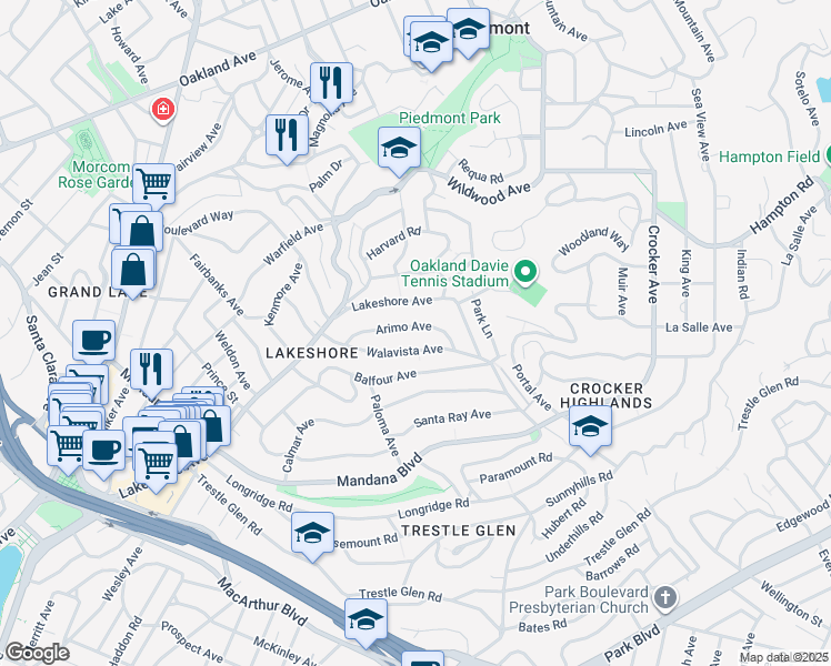 map of restaurants, bars, coffee shops, grocery stores, and more near 711 Arimo Avenue in Oakland