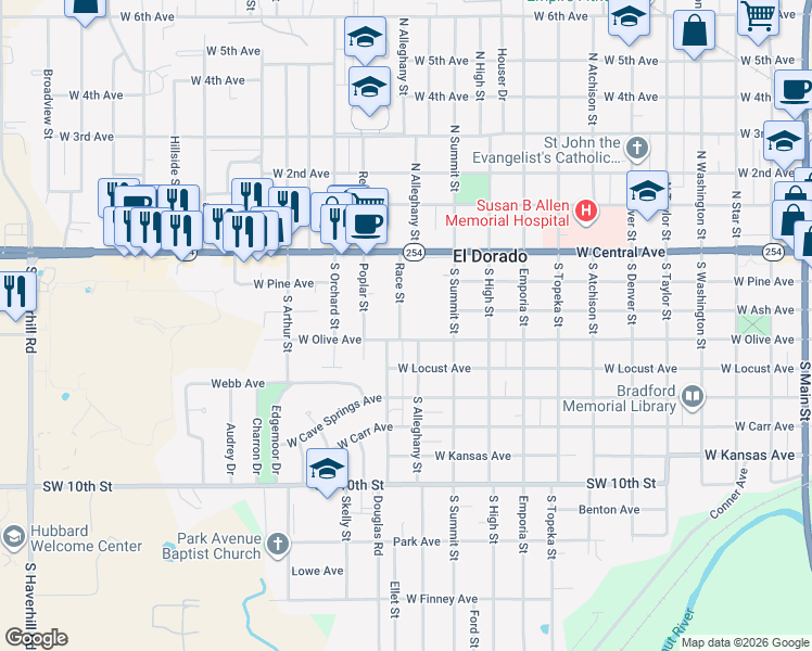map of restaurants, bars, coffee shops, grocery stores, and more near 320 Race Street in El Dorado