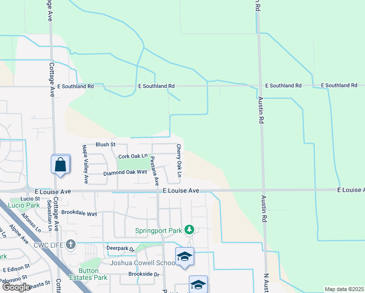 map of restaurants, bars, coffee shops, grocery stores, and more near 1234 Cherry Oak Lane in Manteca