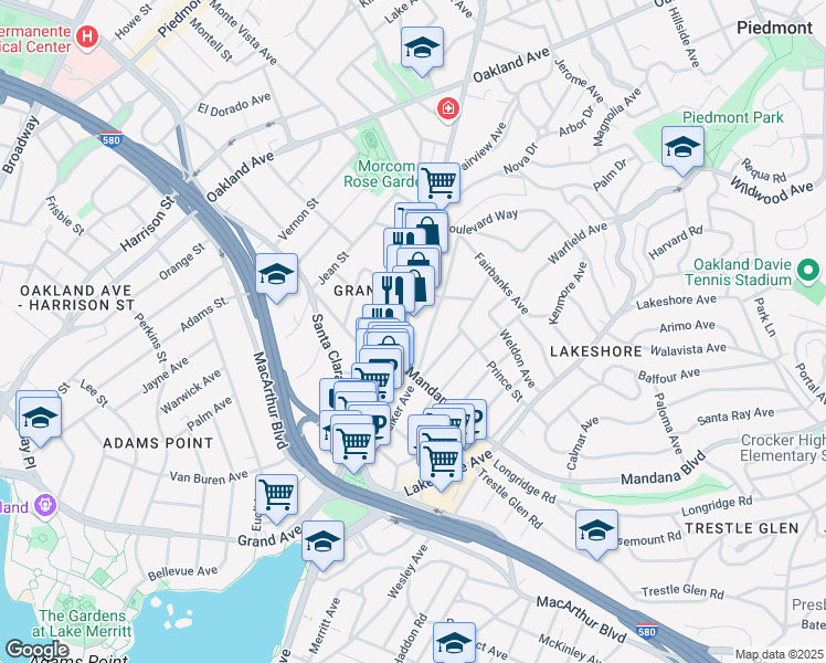 map of restaurants, bars, coffee shops, grocery stores, and more near 3602 Grand Avenue in Oakland