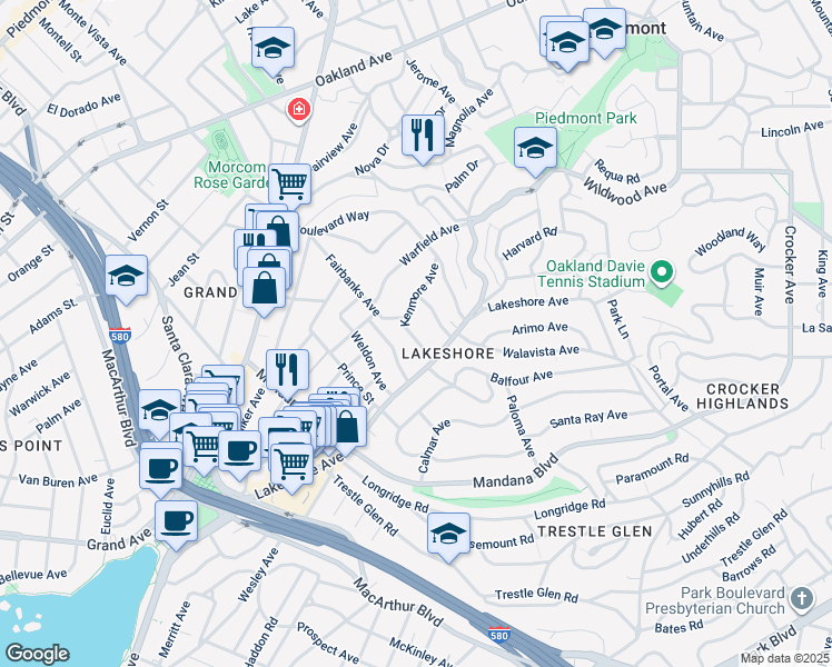 map of restaurants, bars, coffee shops, grocery stores, and more near 576 Kenmore Avenue in Oakland