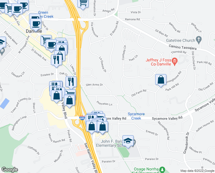 map of restaurants, bars, coffee shops, grocery stores, and more near 373 Glen Arms Drive in Danville