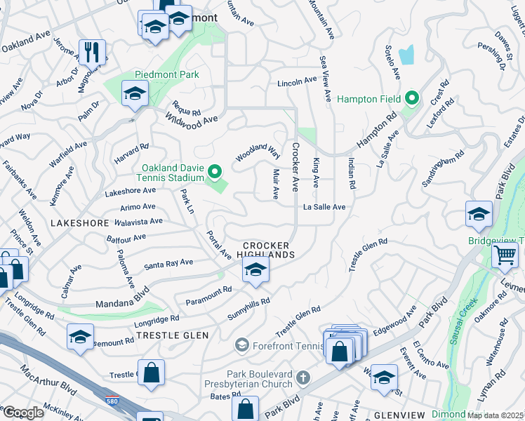 map of restaurants, bars, coffee shops, grocery stores, and more near 1100 Portal Avenue in Oakland