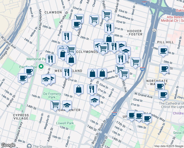 map of restaurants, bars, coffee shops, grocery stores, and more near 956 West Grand Avenue in Oakland