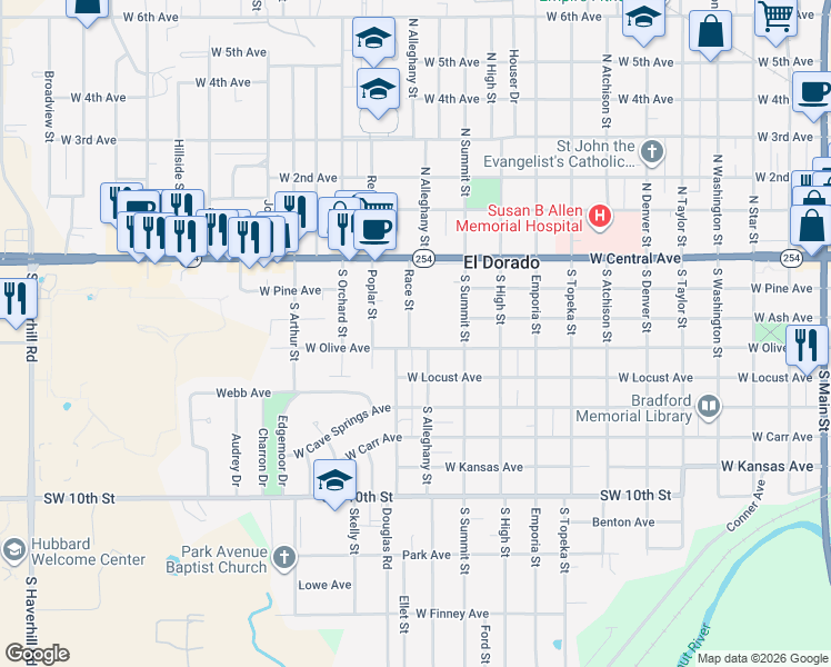 map of restaurants, bars, coffee shops, grocery stores, and more near 320 Race Street in El Dorado