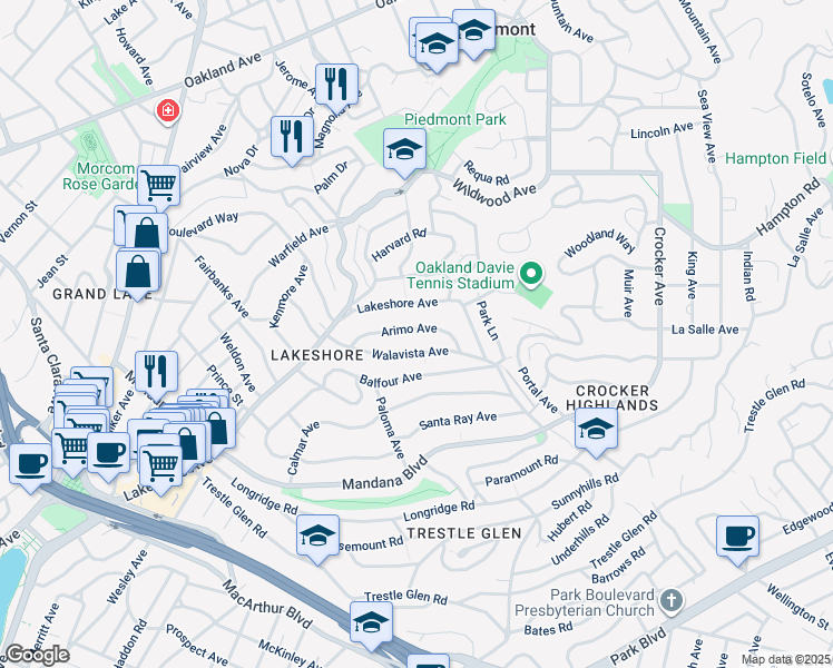 map of restaurants, bars, coffee shops, grocery stores, and more near 707 Arimo Avenue in Oakland