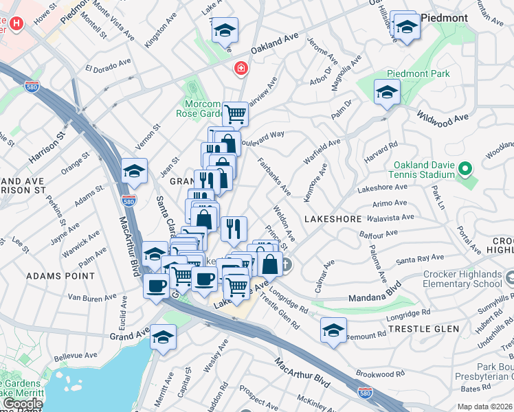 map of restaurants, bars, coffee shops, grocery stores, and more near 927 Warfield Avenue in Oakland