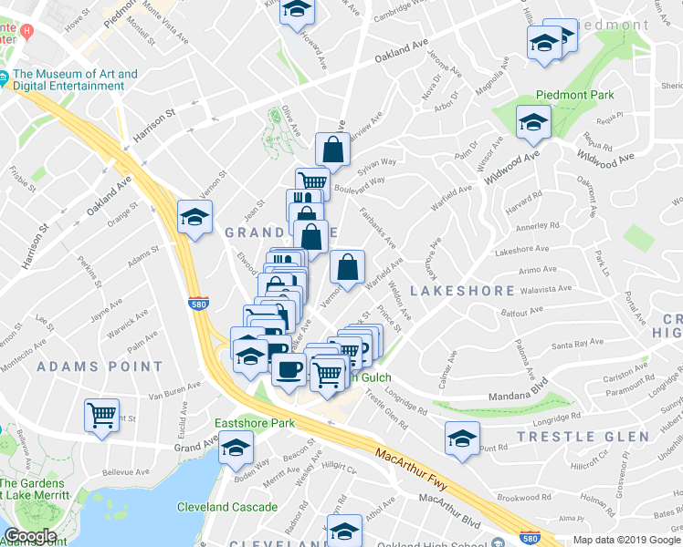map of restaurants, bars, coffee shops, grocery stores, and more near 859 Vermont Street in Oakland