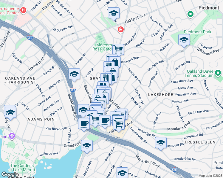 map of restaurants, bars, coffee shops, grocery stores, and more near in Oakland