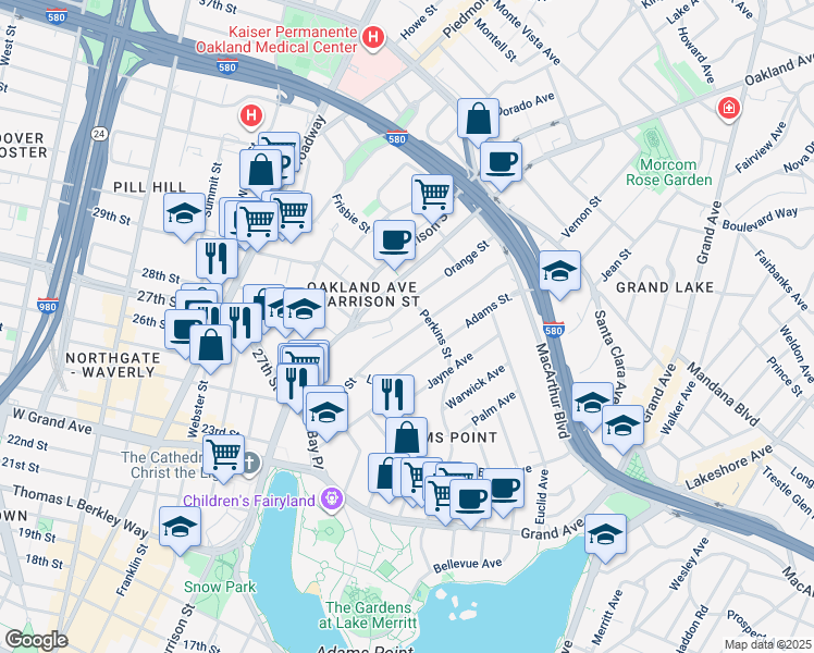 map of restaurants, bars, coffee shops, grocery stores, and more near 216 Orange Street in Oakland