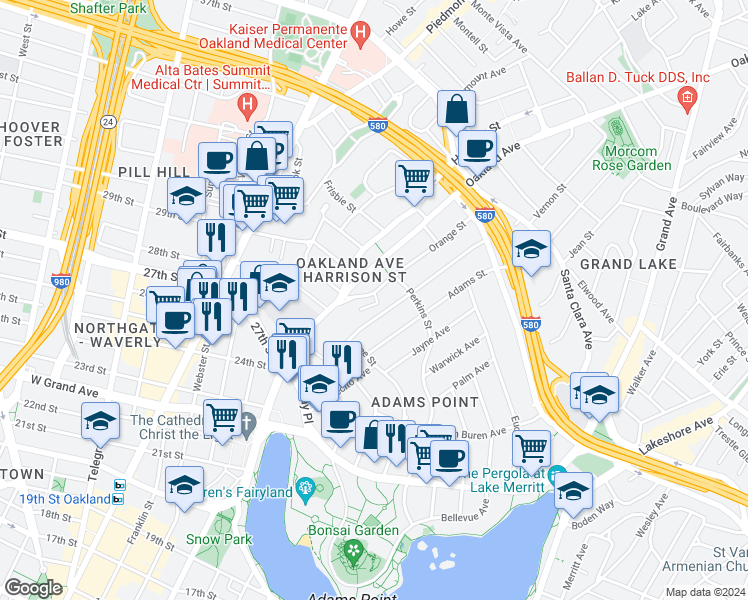 map of restaurants, bars, coffee shops, grocery stores, and more near 216 Orange Street in Oakland