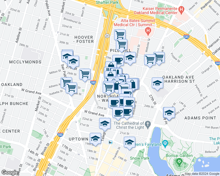 map of restaurants, bars, coffee shops, grocery stores, and more near 2526 Telegraph Avenue in Oakland