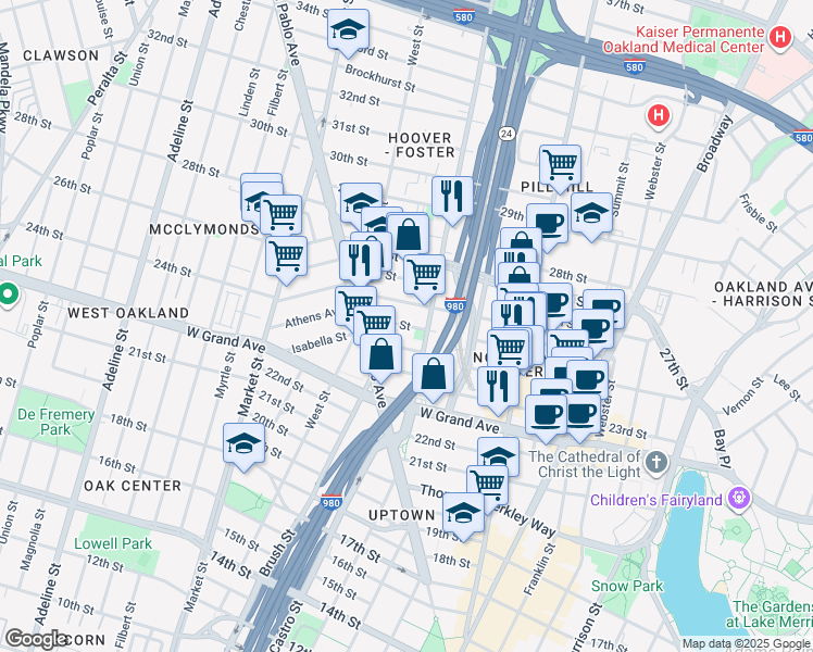map of restaurants, bars, coffee shops, grocery stores, and more near in Oakland