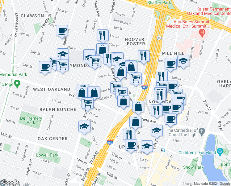 map of restaurants, bars, coffee shops, grocery stores, and more near 826 Isabella Street in Oakland