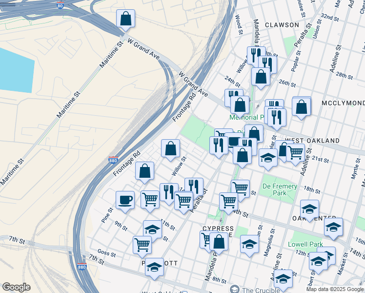 map of restaurants, bars, coffee shops, grocery stores, and more near 1726 17th Street in Oakland