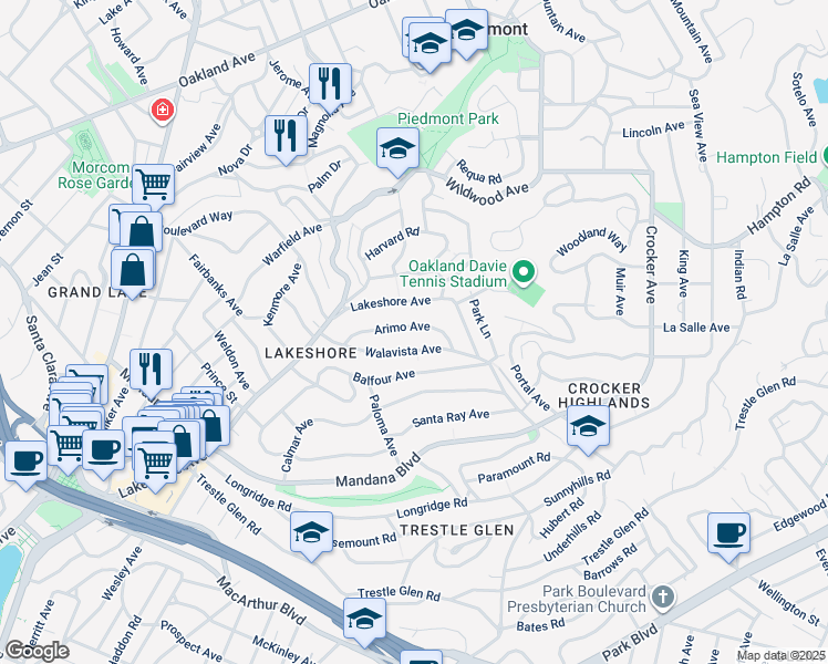 map of restaurants, bars, coffee shops, grocery stores, and more near 711 Arimo Avenue in Oakland