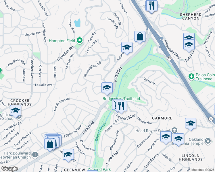 map of restaurants, bars, coffee shops, grocery stores, and more near 114 Estates Drive in Piedmont