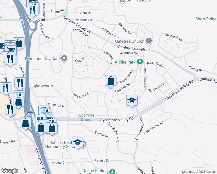 map of restaurants, bars, coffee shops, grocery stores, and more near 587 Morninghome Road in Danville