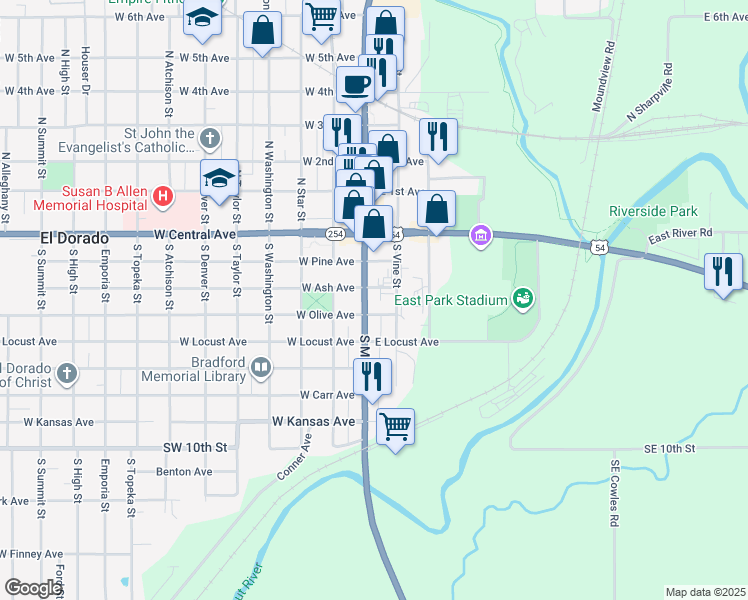 map of restaurants, bars, coffee shops, grocery stores, and more near 310 South Main Street in El Dorado