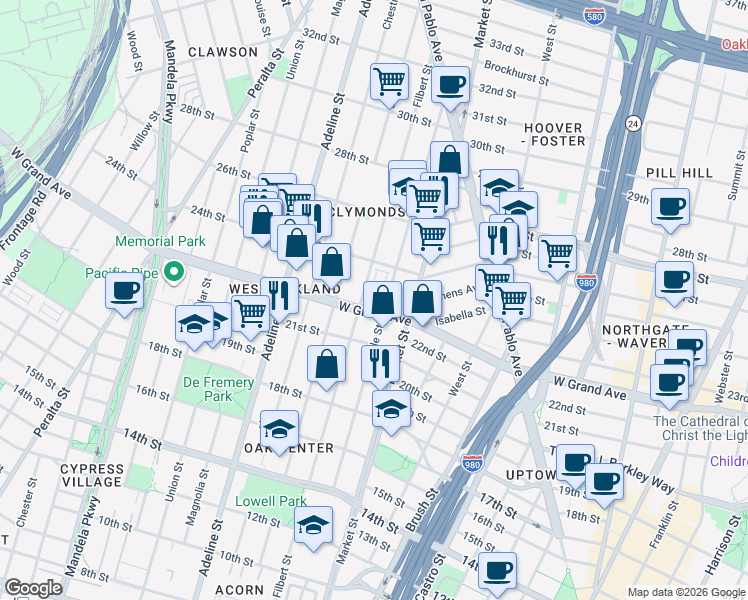 map of restaurants, bars, coffee shops, grocery stores, and more near 956 West Grand Avenue in Oakland