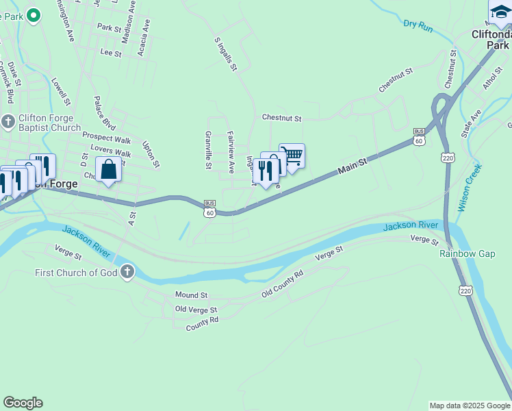 map of restaurants, bars, coffee shops, grocery stores, and more near 1725 Main Street in Clifton Forge