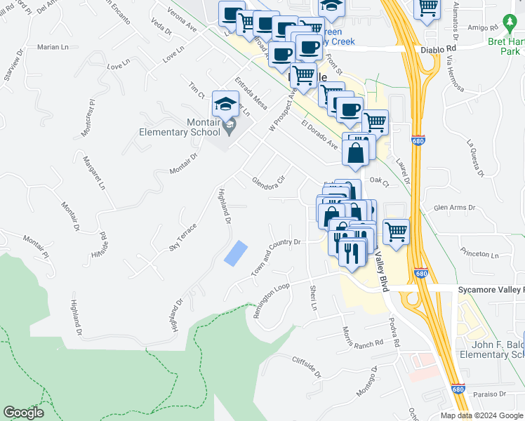 map of restaurants, bars, coffee shops, grocery stores, and more near 42 Mariposa Court in Danville