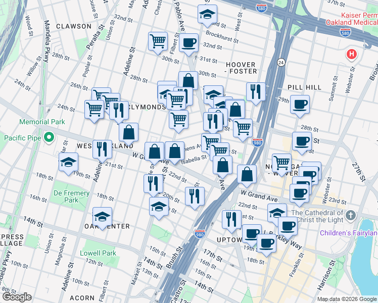 map of restaurants, bars, coffee shops, grocery stores, and more near 863 Athens Avenue in Oakland