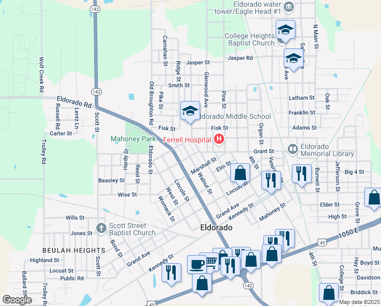map of restaurants, bars, coffee shops, grocery stores, and more near 1300 Walnut Street in Eldorado