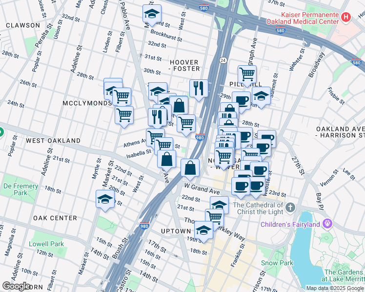 map of restaurants, bars, coffee shops, grocery stores, and more near 660 25th Street in Oakland