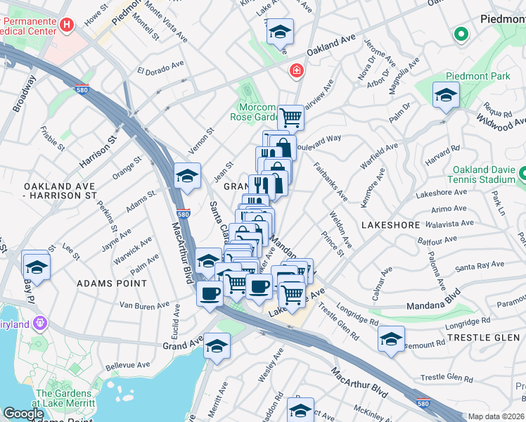 map of restaurants, bars, coffee shops, grocery stores, and more near 3601 Grand Avenue in Oakland